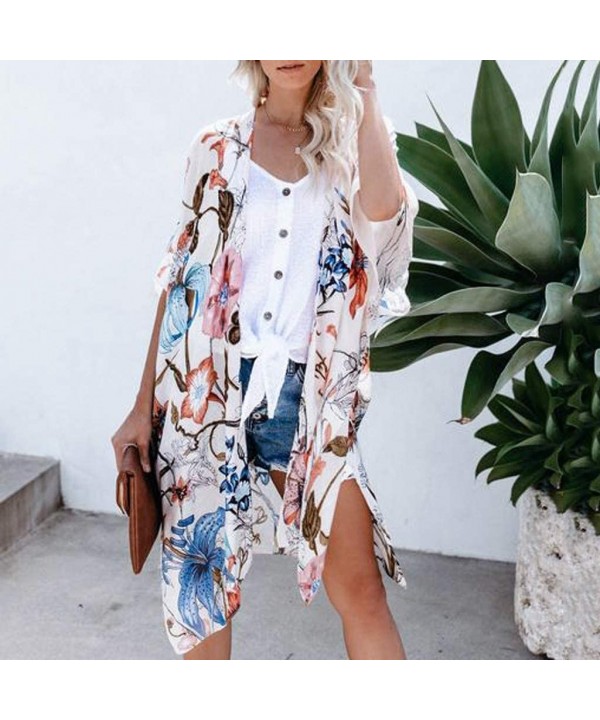 Kimono Cardigans Womens Casual Chiffon Cardigan Summer Beach Floral Long Blouse Shawl Bikini Cover up Tops White 02 - CP18ASN...