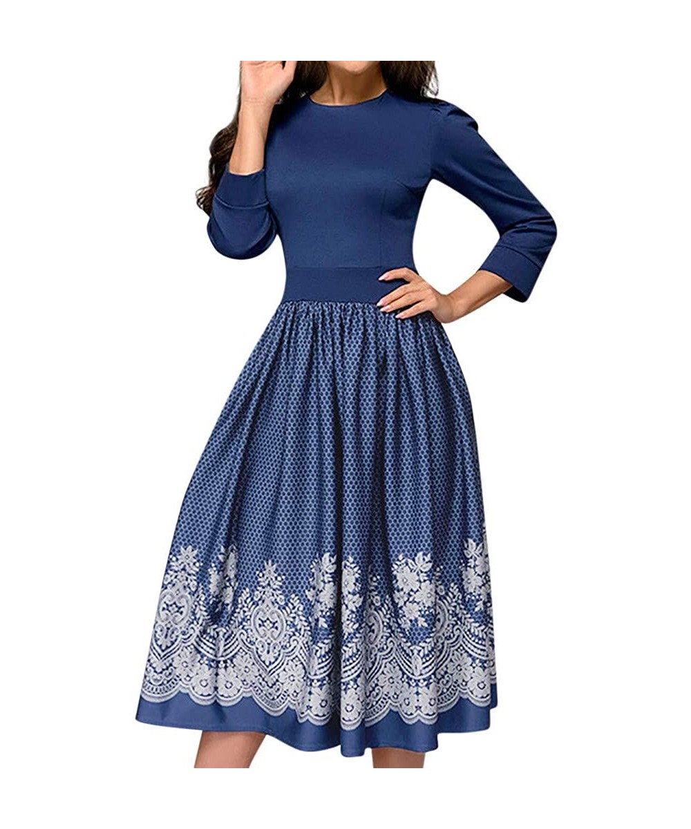 Womens Dresses for Work-Women's Vintage Short Sleeve Patchwork Pockets Puffy Swing Casual Party Dress - Z31-blue - CK1963AR93...