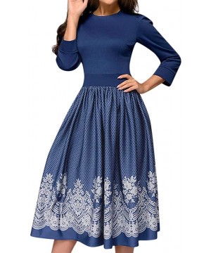 Womens Dresses for Work-Women's Vintage Short Sleeve Patchwork Pockets Puffy Swing Casual Party Dress - Z31-blue - CK1963AR93...