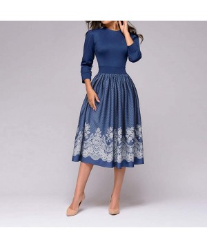 Womens Dresses for Work-Women's Vintage Short Sleeve Patchwork Pockets Puffy Swing Casual Party Dress - Z31-blue - CK1963AR93...