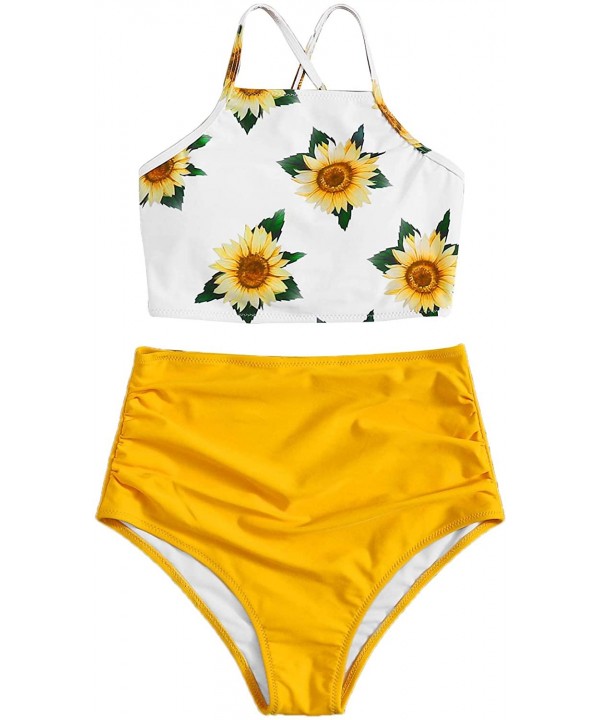 Women's Floral Print Lace Up Ruched High Waisted Tankini Set Swimsuit - Yellow - CL19249WD53 $22.65-Sets