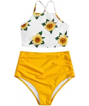 Women's Floral Print Lace Up Ruched High Waisted Tankini Set Swimsuit - Yellow - CL19249WD53 $22.65-Sets