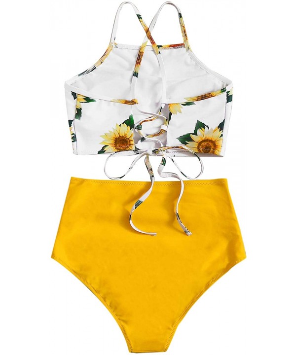 Women's Floral Print Lace Up Ruched High Waisted Tankini Set Swimsuit - Yellow - CL19249WD53 $22.65-Sets