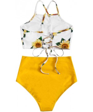 Women's Floral Print Lace Up Ruched High Waisted Tankini Set Swimsuit - Yellow - CL19249WD53 $22.65-Sets