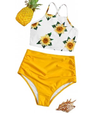 Women's Floral Print Lace Up Ruched High Waisted Tankini Set Swimsuit - Yellow - CL19249WD53 $22.65-Sets