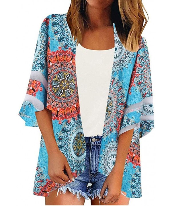 2019 Women Mesh Panel 3/4 Bell Sleeve Floral Chiffon Casual Loose Beach Kimono Cardigan - Multicolor - CD18WIA3UN8 $15.81-Cov...