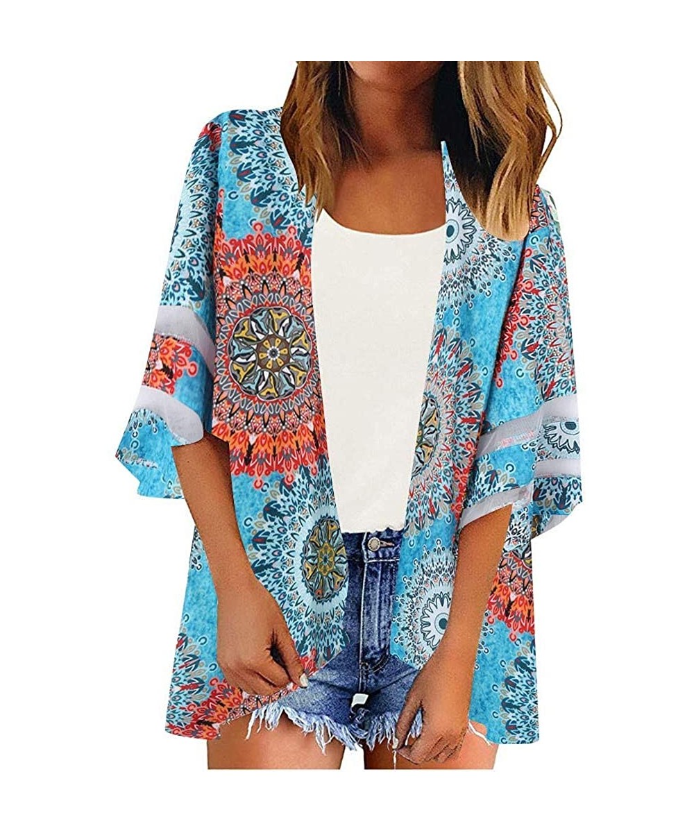 2019 Women Mesh Panel 3/4 Bell Sleeve Floral Chiffon Casual Loose Beach Kimono Cardigan - Multicolor - CD18WIA3UN8 $15.81-Cov...