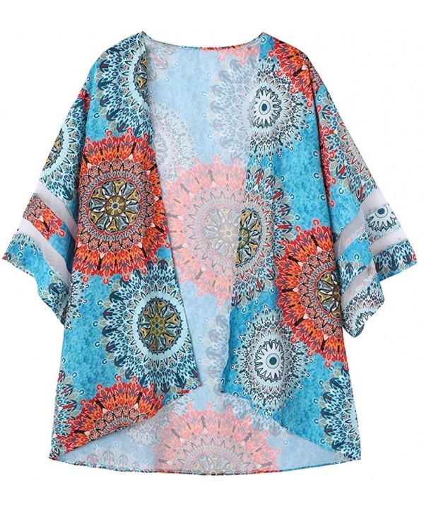 2019 Women Mesh Panel 3/4 Bell Sleeve Floral Chiffon Casual Loose Beach Kimono Cardigan - Multicolor - CD18WIA3UN8 $15.81-Cov...