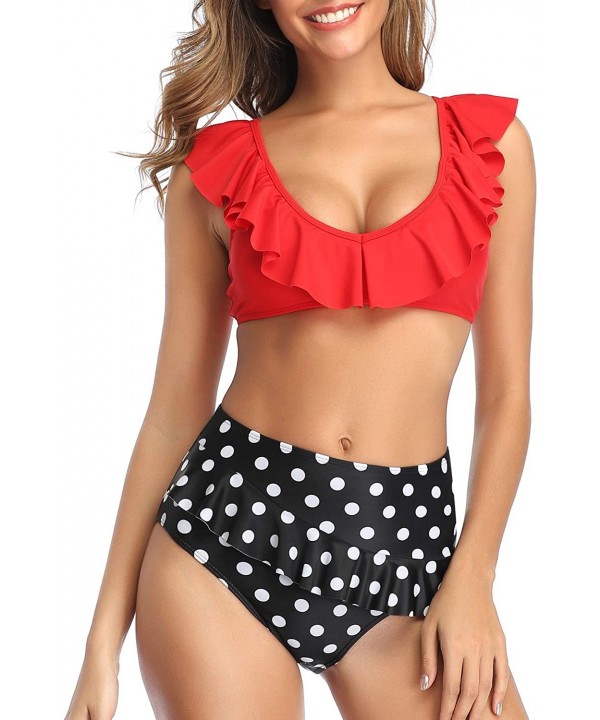 Women's Ruffle Two Piece Bikini Flounce Bottom Cute Vintage Swimsuits - Red-dot - C118ATENAKL $27.47-Tankinis