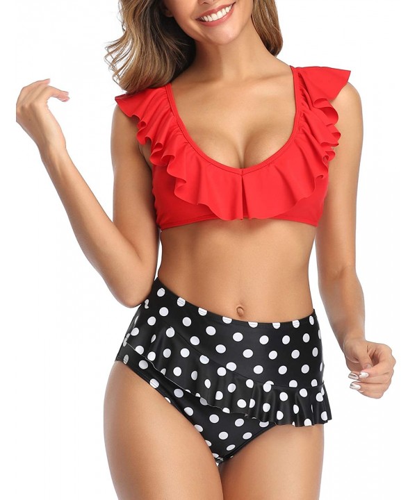 Women's Ruffle Two Piece Bikini Flounce Bottom Cute Vintage Swimsuits - Red-dot - C118ATENAKL $27.47-Tankinis