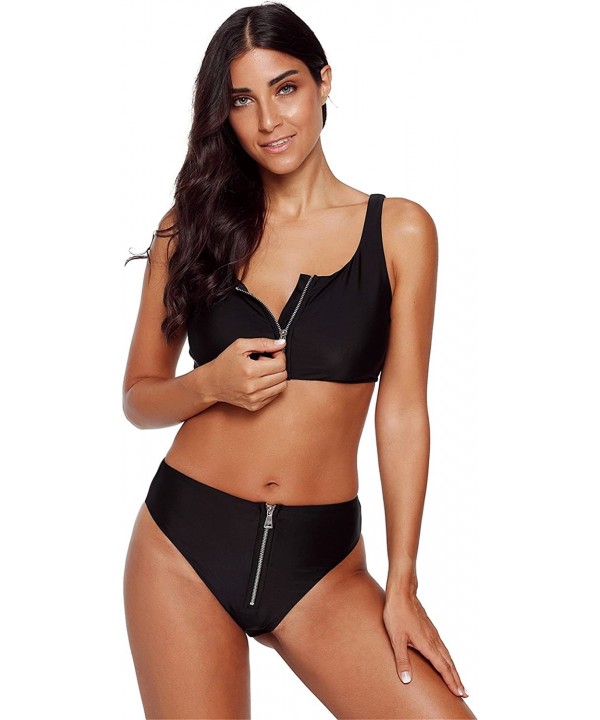 2 PC Cropped Crop Zipper Front Padded Bandeau Bikini Top and Highwaist Bikini Bottom Swimsuit Set - Black - CV18GL0KQ2C $19.8...