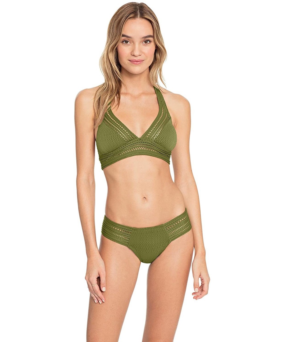 Women's Perla Side Tab Bikini Bottom with Crochet Inset - Moss - CP18N0ALARD $40.19-Tankinis