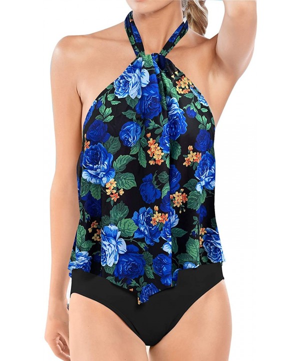 Women's Sexy High Neck One Piece Swimsuits Halter Flounce Backless Bathing Suits Plus Size Swimwear Monokini - Blue Floral - ...