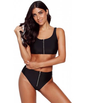 2 PC Cropped Crop Zipper Front Padded Bandeau Bikini Top and Highwaist Bikini Bottom Swimsuit Set - Black - CV18GL0KQ2C $19.8...