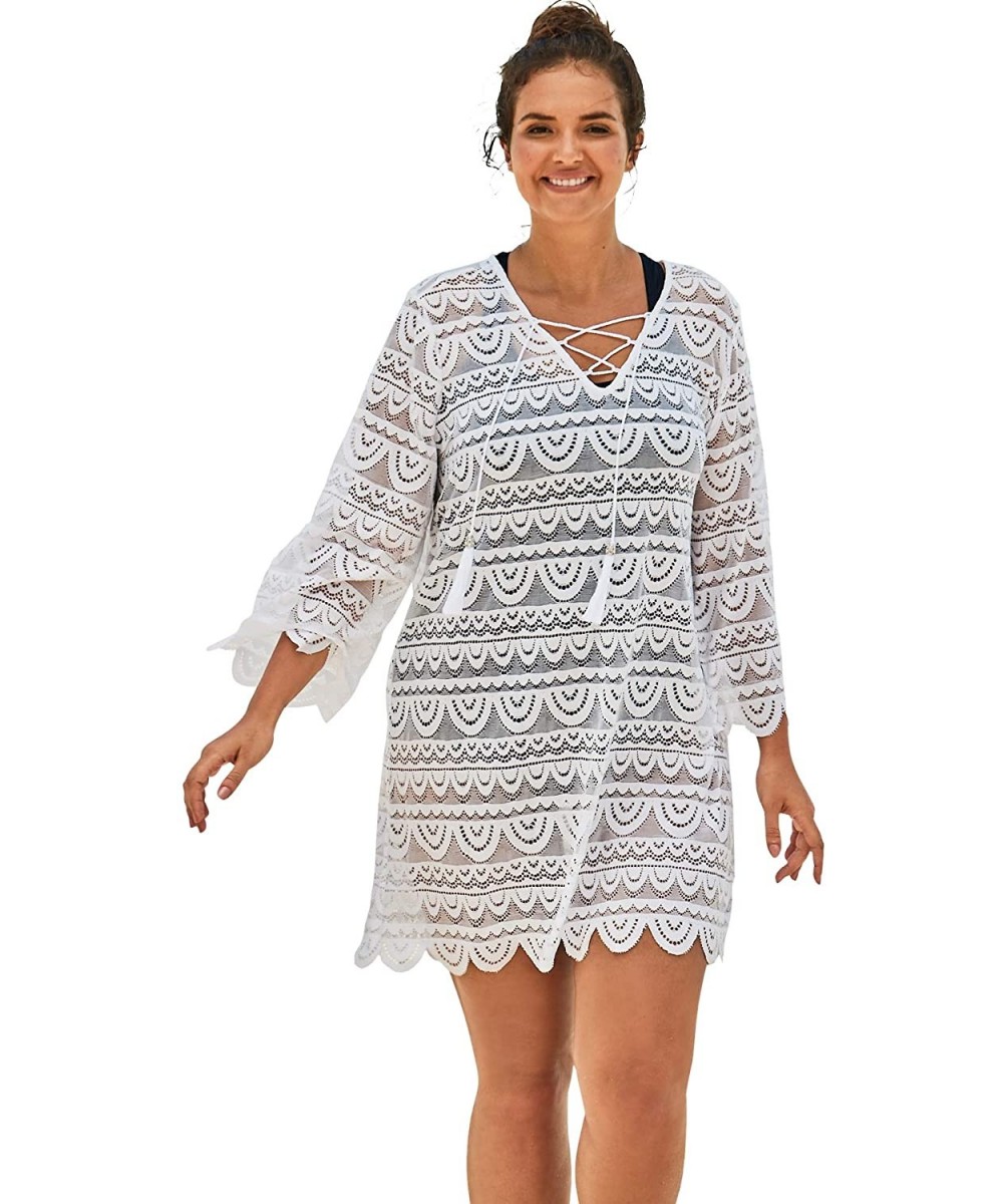 Women's Plus Size Scallop Lace Cover Up Swimsuit Cover Up - White (0310) - CN18M7TLILN $42.79-Cover-Ups