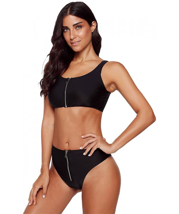 2 PC Cropped Crop Zipper Front Padded Bandeau Bikini Top and Highwaist Bikini Bottom Swimsuit Set - Black - CV18GL0KQ2C $19.8...