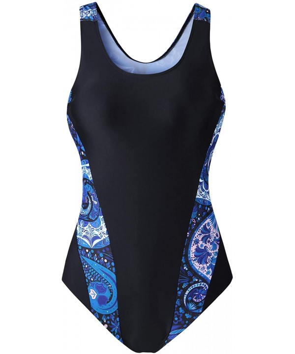 Womens One Piece Swimsuit Bathing Suit Sport Athletic Training Exercise - Black-blue - CE18SUUSMI0 $24.36-Racing