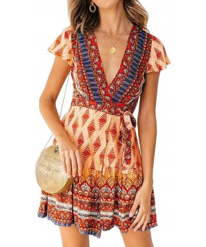 Women's Summer Wrap V Neck Bohemian Floral Print Ruffle Swing A Line Beach Mini Dress - Orange - C618Q56Q7Z8 $24.66-Cover-Ups