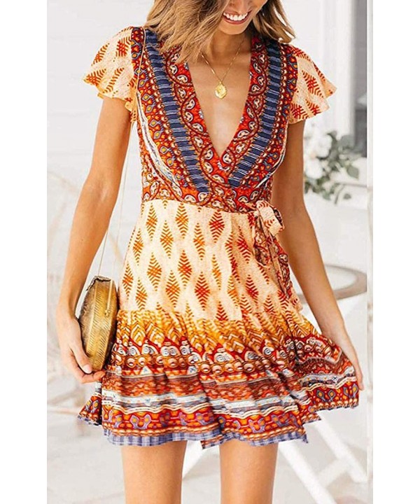 Women's Summer Wrap V Neck Bohemian Floral Print Ruffle Swing A Line Beach Mini Dress - Orange - C618Q56Q7Z8 $24.66-Cover-Ups