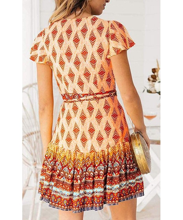 Women's Summer Wrap V Neck Bohemian Floral Print Ruffle Swing A Line Beach Mini Dress - Orange - C618Q56Q7Z8 $24.66-Cover-Ups