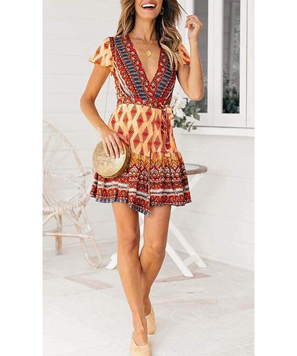 Women's Summer Wrap V Neck Bohemian Floral Print Ruffle Swing A Line Beach Mini Dress - Orange - C618Q56Q7Z8 $24.66-Cover-Ups