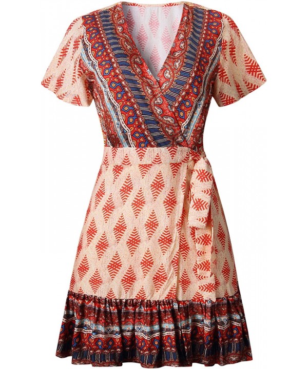 Women's Summer Wrap V Neck Bohemian Floral Print Ruffle Swing A Line Beach Mini Dress - Orange - C618Q56Q7Z8 $24.66-Cover-Ups