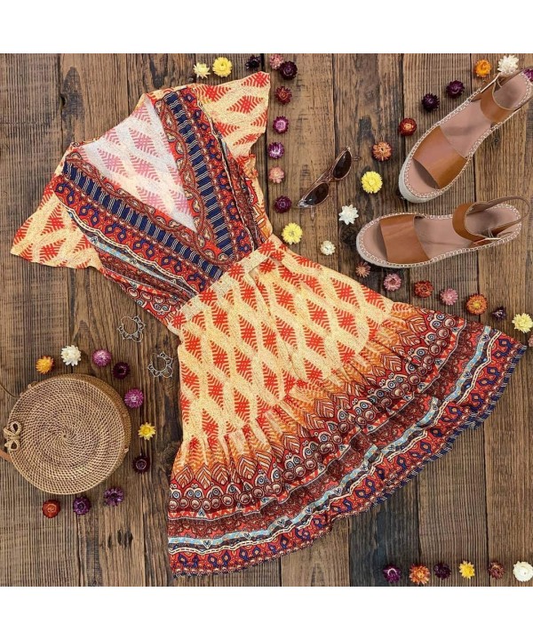 Women's Summer Wrap V Neck Bohemian Floral Print Ruffle Swing A Line Beach Mini Dress - Orange - C618Q56Q7Z8 $24.66-Cover-Ups