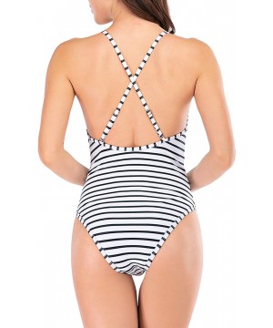 Women Stripe Tummy Control Cross High Leg Cut One Piece Beach Swimsuit Bathing Suit - Classic Black - CW196MDIEA5 $21.63-One-...