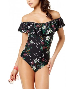 Womens Stars & Bloom Off-The-Shoulder Cheeky One-Piece Swimsuit- Black- Medium - CK18QLKZW25 $13.29-One-Pieces