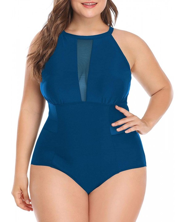 Plus Size One Piece Swimsuit for Women High Neck Plunge Mesh Cutout Monokini Swimwear - Indigo - CV18RUQO768 $26.60-One-Pieces