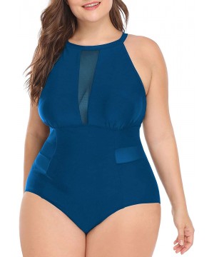 Plus Size One Piece Swimsuit for Women High Neck Plunge Mesh Cutout Monokini Swimwear - Indigo - CV18RUQO768 $26.60-One-Pieces