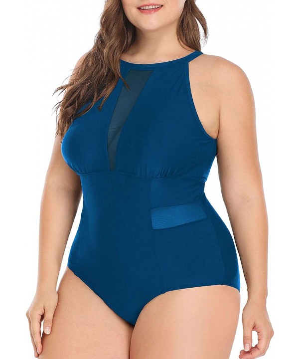 Plus Size One Piece Swimsuit for Women High Neck Plunge Mesh Cutout Monokini Swimwear - Indigo - CV18RUQO768 $26.60-One-Pieces