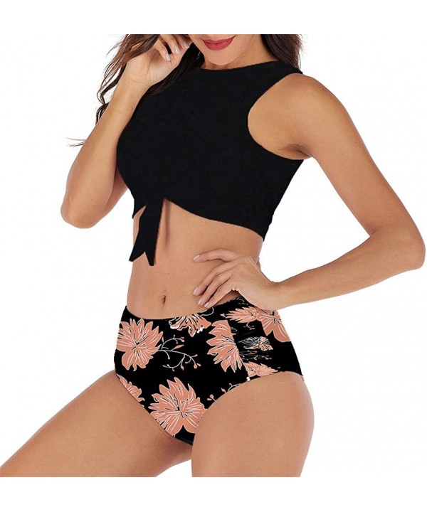 Women High Neck Bow Knot Bikini Crop Top with High Waisted Bottom Two Pieces Swimsuits - Black - CT18UK0990C $15.62-Sets