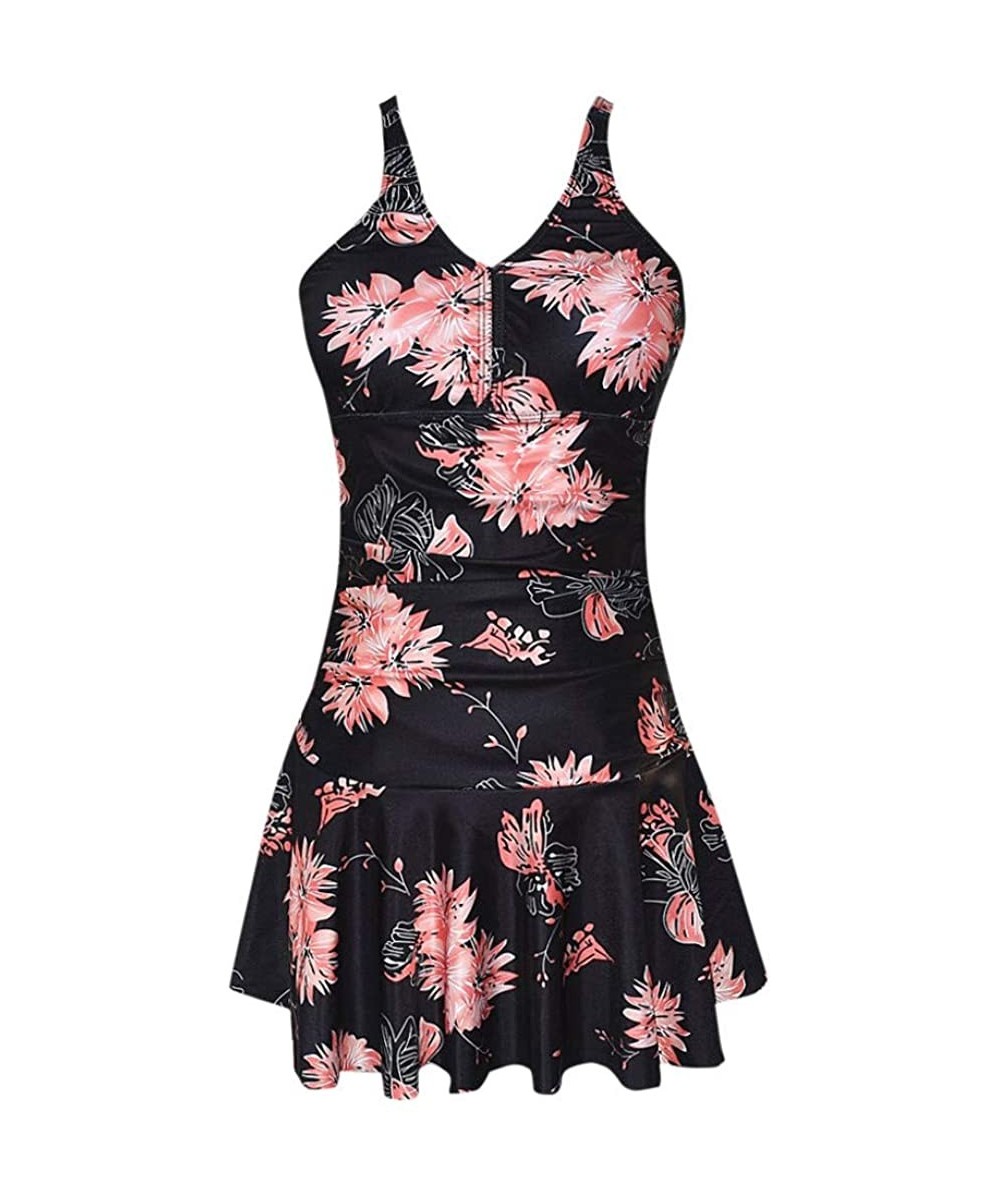 Plus Size Swimsuits for Women Flowers Print Swimdress One Piece Tummy Control Swimwear - CD19CS7W5YT $16.97-Racing