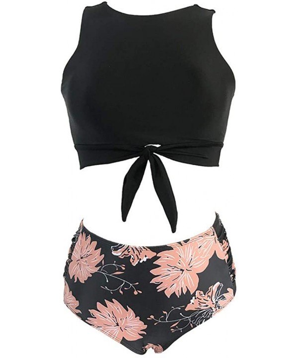 Women High Neck Bow Knot Bikini Crop Top with High Waisted Bottom Two Pieces Swimsuits - Black - CT18UK0990C $15.62-Sets