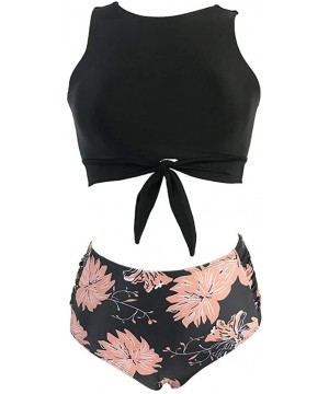 Women High Neck Bow Knot Bikini Crop Top with High Waisted Bottom Two Pieces Swimsuits - Black - CT18UK0990C $15.62-Sets