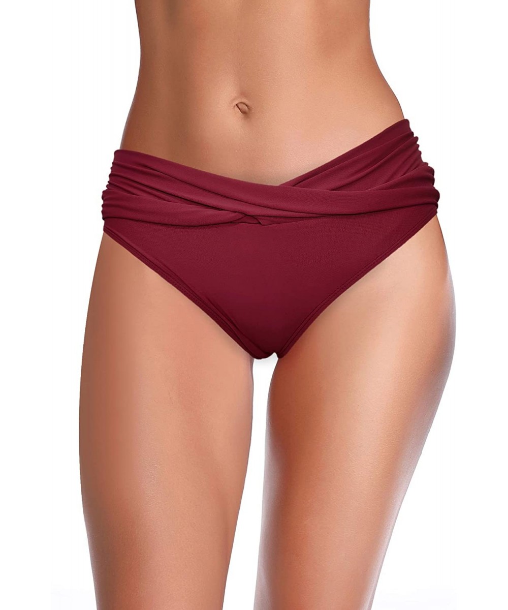 Women's Cheeky Swimsuit Twist Front Bikini Bottoms Ruched Swim Bottoms - Wine Red - CW18WIOLOO0 $14.18-Tankinis