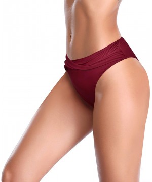 Women's Cheeky Swimsuit Twist Front Bikini Bottoms Ruched Swim Bottoms - Wine Red - CW18WIOLOO0 $14.18-Tankinis