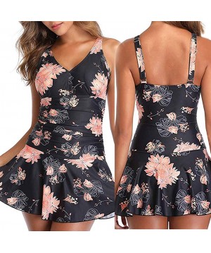 Plus Size Swimsuits for Women Flowers Print Swimdress One Piece Tummy Control Swimwear - CD19CS7W5YT $16.97-Racing