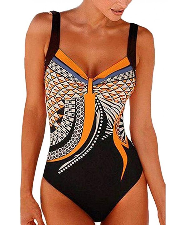 Women Summer Backless Sexy Print Swimwear Beachwear Siamese Swimsuit Bikini Set - Orange - CF18NI2TRWC $13.45-Sets