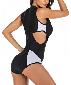 Women's Sleeveless Rash Guard Zip Rashguard Cut Out Swimsuit One Piece Bathing Suit - B - CW1944TMGGT $29.52-Rash Guards