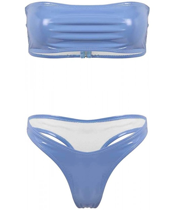 Women's Patent Leather Bandeau Bikini Set Two Piece Solid Strapless Bathing Suit Swimwear - Blue - CU198XW76HY $18.86-Sets