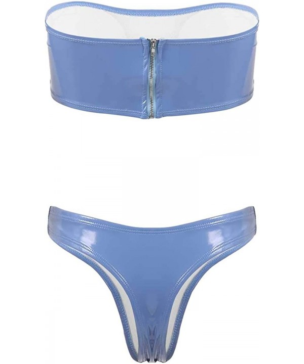 Women's Patent Leather Bandeau Bikini Set Two Piece Solid Strapless Bathing Suit Swimwear - Blue - CU198XW76HY $18.86-Sets