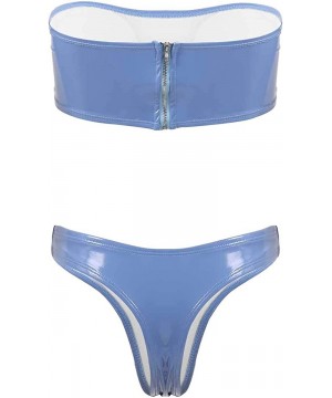 Women's Patent Leather Bandeau Bikini Set Two Piece Solid Strapless Bathing Suit Swimwear - Blue - CU198XW76HY $18.86-Sets