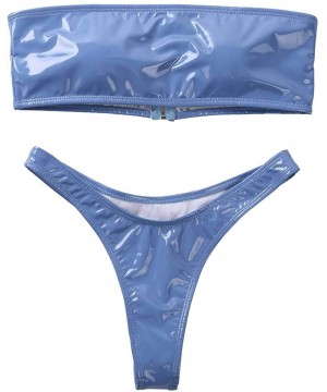 Women's Patent Leather Bandeau Bikini Set Two Piece Solid Strapless Bathing Suit Swimwear - Blue - CU198XW76HY $18.86-Sets