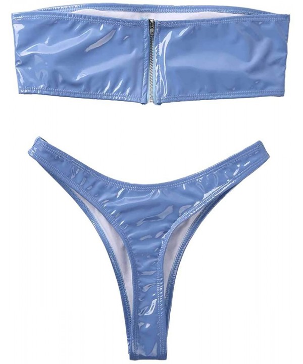 Women's Patent Leather Bandeau Bikini Set Two Piece Solid Strapless Bathing Suit Swimwear - Blue - CU198XW76HY $18.86-Sets