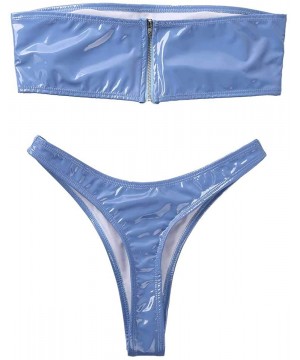 Women's Patent Leather Bandeau Bikini Set Two Piece Solid Strapless Bathing Suit Swimwear - Blue - CU198XW76HY $18.86-Sets