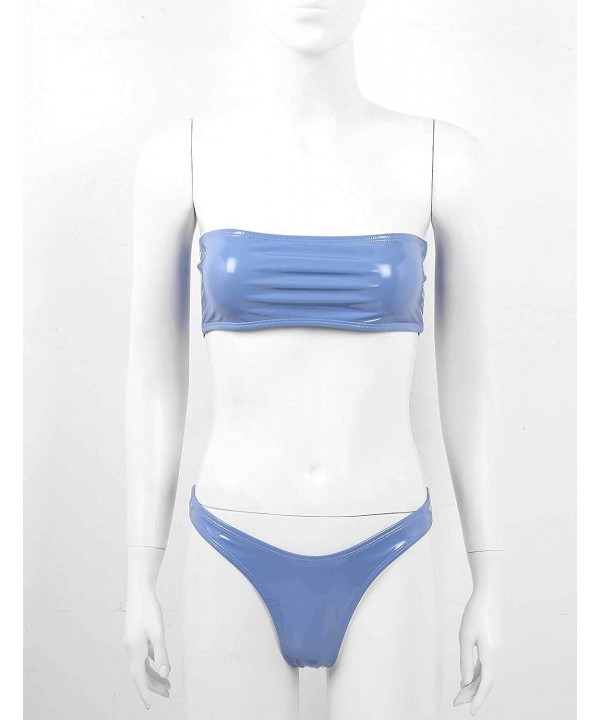 Women's Patent Leather Bandeau Bikini Set Two Piece Solid Strapless Bathing Suit Swimwear - Blue - CU198XW76HY $18.86-Sets