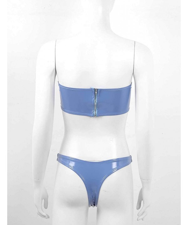 Women's Patent Leather Bandeau Bikini Set Two Piece Solid Strapless Bathing Suit Swimwear - Blue - CU198XW76HY $18.86-Sets