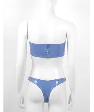 Women's Patent Leather Bandeau Bikini Set Two Piece Solid Strapless Bathing Suit Swimwear - Blue - CU198XW76HY $18.86-Sets